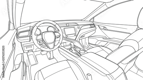 Schilderij op canvas Modern Car Interior Dashboard and Cockpit Line Art Vector Template for Automotiv
