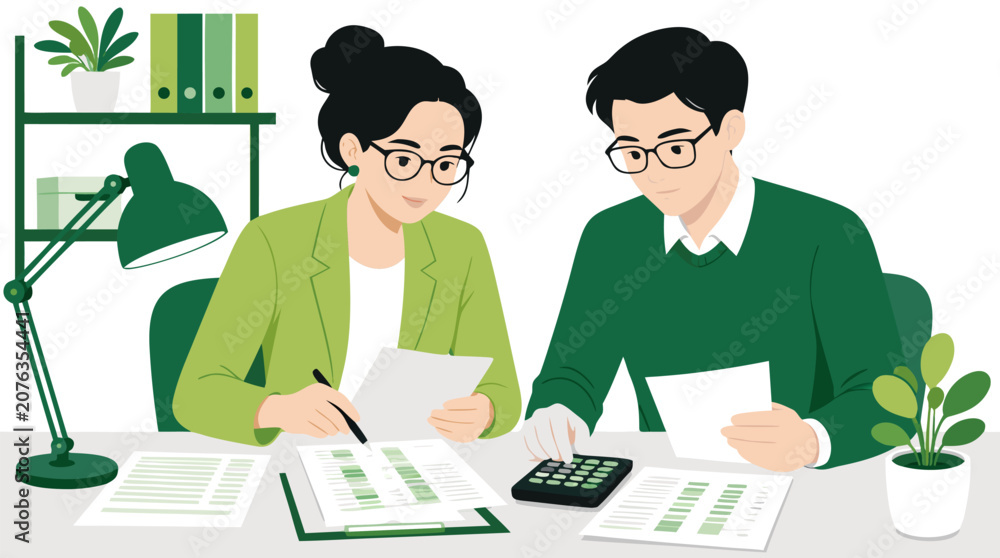 © cornelia - Clean flat vector illustration on a light background showing two coworkers reviewing financial documents and using a calculator, ideal for accounting, tax, or office teamwork marketing. © cornelia - Clean flat vector illustration on a light background showing two coworkers reviewing financial documents and using a calculator, ideal for accounting, tax, or office teamwork marketing.