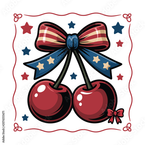 Cute Cherry Bow Patriotic Sticker Illustration Retro Kawaii Design