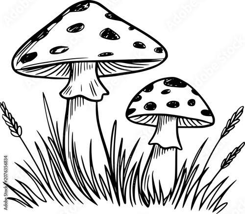 Hand-drawn black and white of spotted mushrooms in grass nature