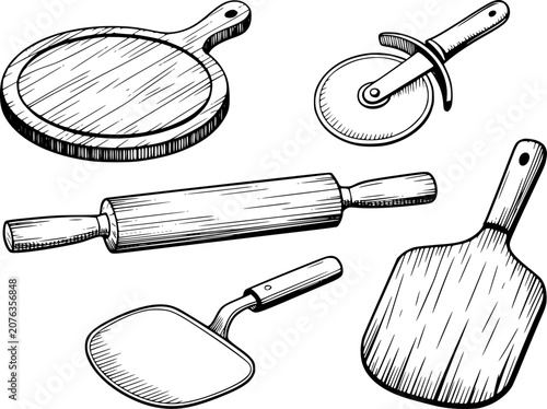 Hand-drawn kitchen utensils: pizza cutter, rolling pin, peel, and cutting board cooking