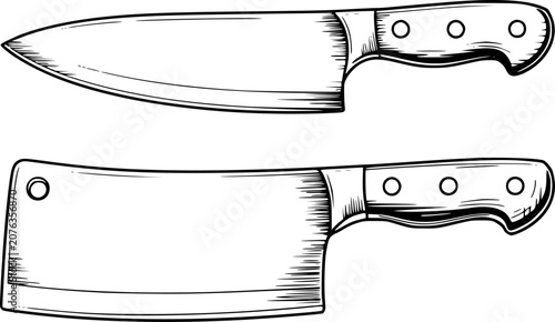 Hand-drawn kitchen knives, chef's knife and cleaver, isolated white cooking