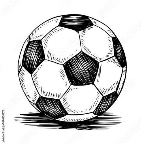 Hand-drawn of a classic black and white soccer ball a white background, football sport