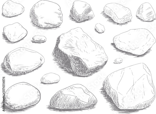 Hand-drawn of various smooth, rounded stones and rocks