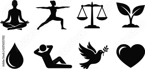 Fotografía Holistic wellness and healthy lifestyle black silhouette icon set for balance an