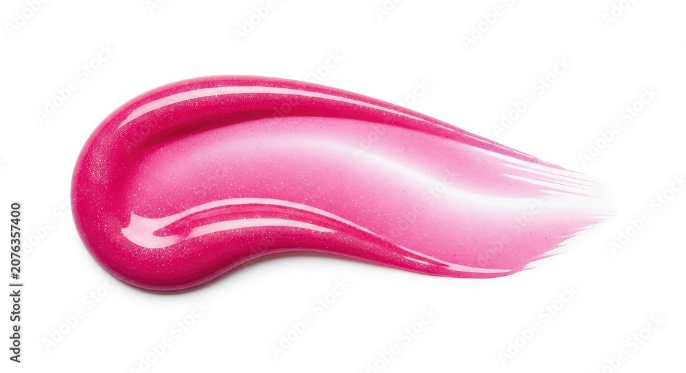 Fototapeta premium A vibrant pink liquid lipgloss smear featuring a high-shine finish and subtle glitter particles, isolated on a white studio background, cream, background, stroke