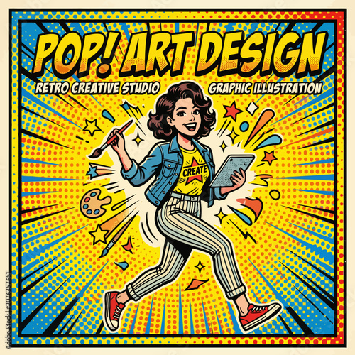 A vibrant comic book illustration of a creative young female artist