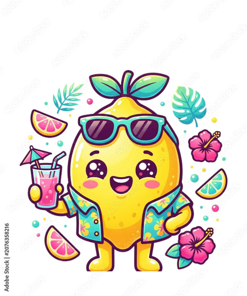 Fototapeta premium Cute Anthropomorphic Lemon Character on Summer Vacation Wearing Sunglasses and a Floral Hawaiian Shirt with a Tropical Cocktail