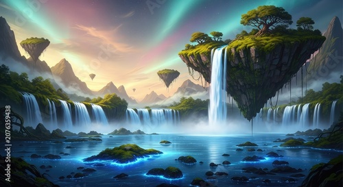 Epic waterfalls cascading from floating mountains into a bioluminescent lagoon under a mystical sky filled with ethereal light and mist, flora, waterfall, tranquility