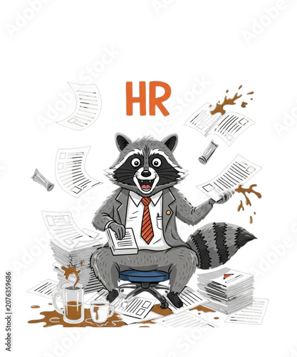 Funny raccoon HR manager character sitting at chaotic office desk with flying papers and spilled coffee illustration