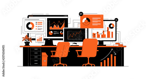 Professional workspace illustration with multiple computer monitors showing data analytics.