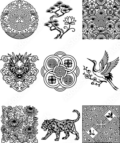 Fotografie Traditional Korean Decorative Motifs and Ornate Line Art Collection - Elegant Or