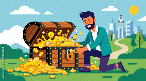 Clean flat vector illustration on a light background showing a businessman unlocking a treasure chest of coins and ideas, ideal for startup success or investment campaigns.