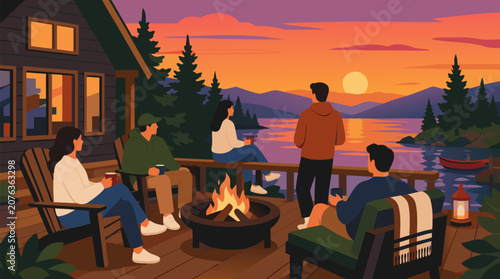 A group of friends gathered on a wooden deck of a lakeside cabin at sunset sharing laughter and good company, a clean flat vector illustration great for travel retreats, vacation rentals, and social l