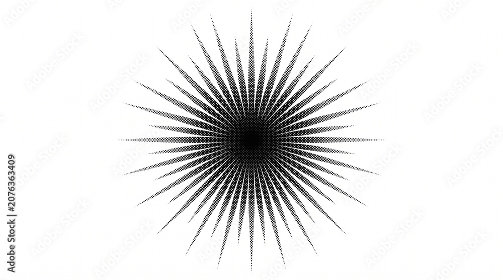 Obraz premium Minimalist black sunburst icon on white background, geometric starburst graphic element, radial light rays symbol for logo design and branding