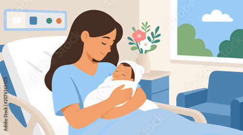 Mother gently holding her newborn baby in a calm and bright hospital room scene depicted as a heartwarming clean flat vector illustration ideal for maternity, healthcare, and family-themed designs