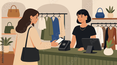 Person tapping their phone to pay at a sleek contactless checkout terminal in a modern boutique, clean flat vector illustration ideal for fintech, digital payments, and retail technology branding