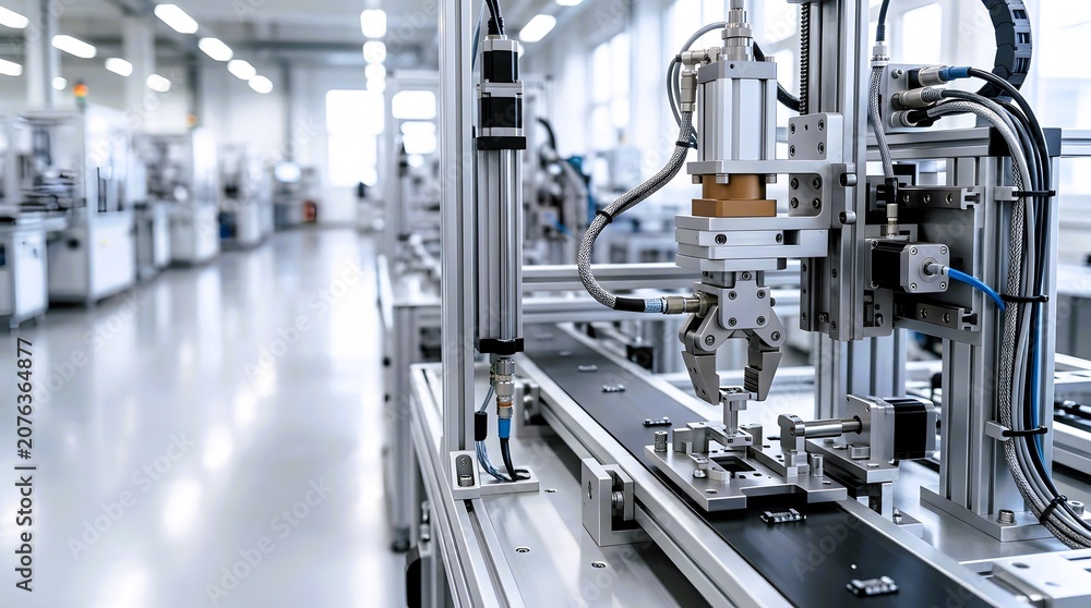 Fototapeta premium automated assembly machine in modern production facility performing precision manufacturing