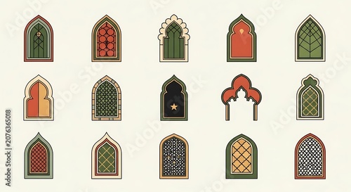 Colorful Islamic Arch Window Illustrations Arranged on Light Background