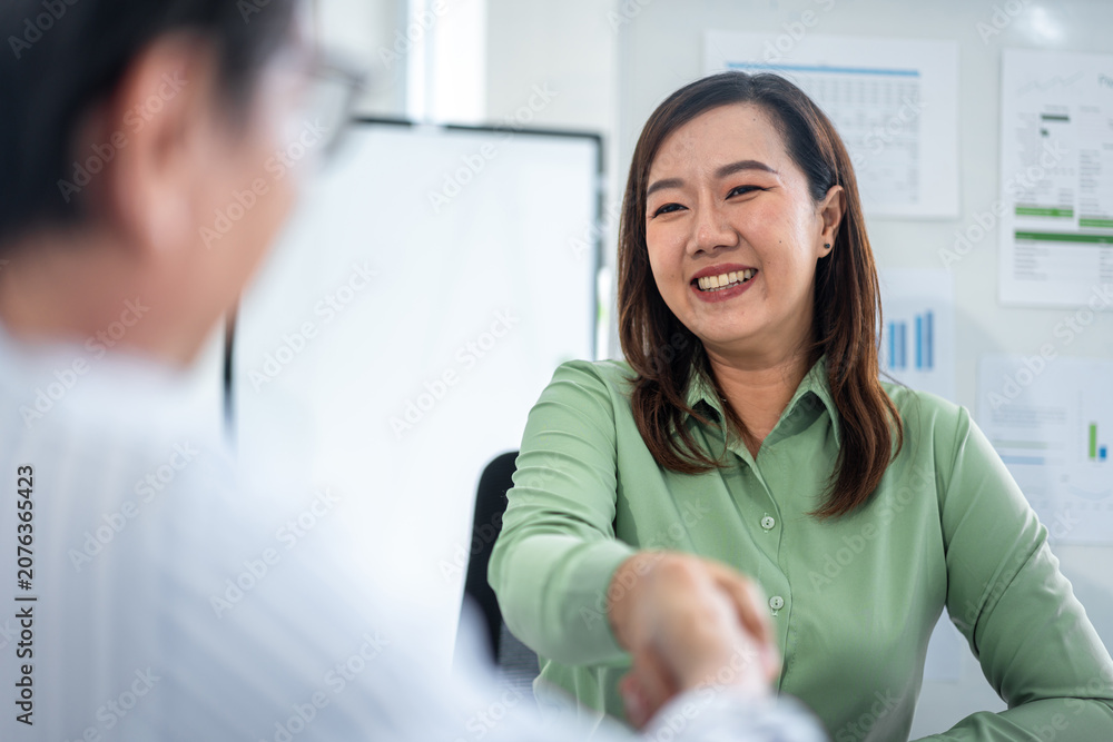 Fototapeta premium Professional business woman shakes hands creating successful environmental conservation partnership agreement in modern corporate office fostering sustainability growth