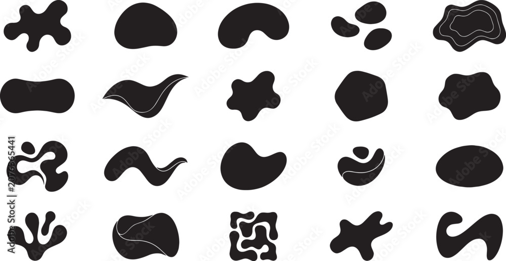 Fototapeta premium Abstract Organic Shapes and Liquid Blob Icon Pack, Minimalist Silhouette Vector Design Elements, Smooth Zen Pebbles and Fluid Dynamic Amorphous Blotches with Topographic Contours and Water Wave Forms