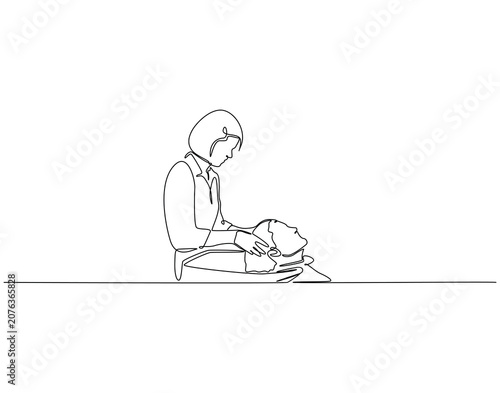 Woman washing hair in salon continuous line art. Hair beauty treatment one line drawing. Hair treatment concept vector illustration