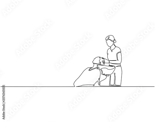 Woman washing hair in salon continuous line art. Hair beauty treatment one line drawing. Hair treatment concept vector illustration