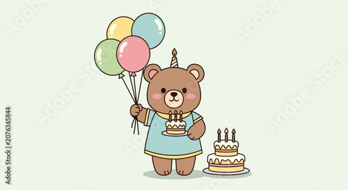 Adorable brown bear character wearing a party dress and holding balloons while standing next to two layered tiered birthday cakes.