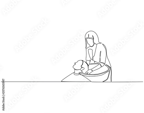 Woman washing hair in salon continuous line art. Hair beauty treatment one line drawing. Hair treatment concept vector illustration