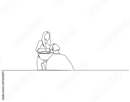 Woman washing hair in salon continuous line art. Hair beauty treatment one line drawing. Hair treatment concept vector illustration