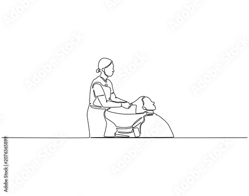 Woman washing hair in salon continuous line art. Hair beauty treatment one line drawing. Hair treatment concept vector illustration