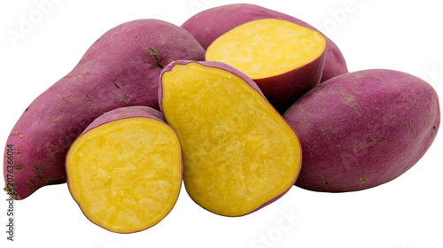 Schilderij op canvas Purple sweet potatoes whole and halved, revealing bright yellow flesh
