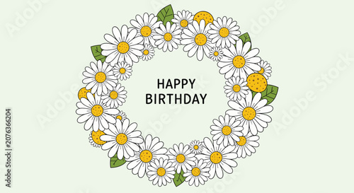 Elegant birthday greeting card featuring a wreath of white and yellow daisies surrounding the text happy birthday on a green background.