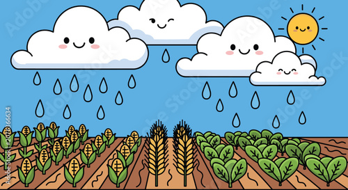 Happy smiling clouds release a gentle rain shower over a lush farm field filled with growing corn and vegetable crops.