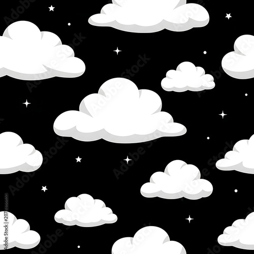 White Cartoon Clouds and Stars Floating on Black Night Sky Pattern