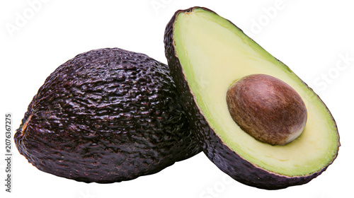 Whole and halved Hass avocado with large seed