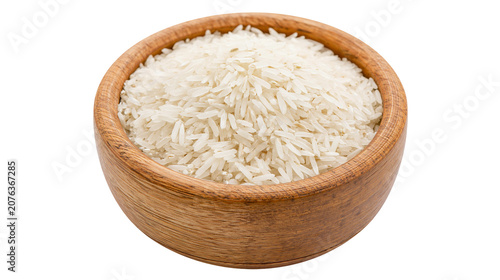 Wooden bowl filled with uncooked white long grain rice