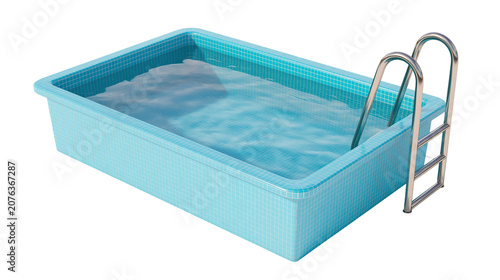 Rectangular swimming pool with blue mosaic tiles and metal ladder