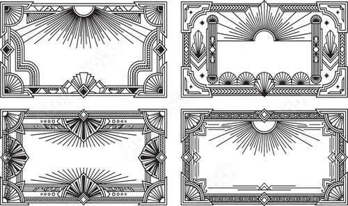 Vintage Art Deco Border and Corner Element Pack, Elegant Retro Luxury Line Art Vector Design Set, Geometric Page Corners, Vertical Trim Pillars, Sunburst Labels, and Calligraphic Vignette Dividers Kit