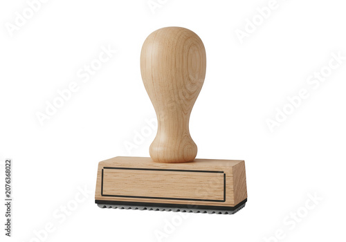 Light wooden rubber stamp with handle on white surface isolated on transparent background