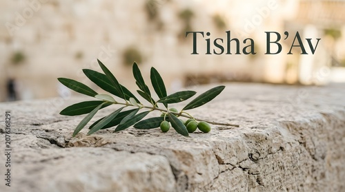 Tisha b av jewish religious observance concept with olive branch on stone wall