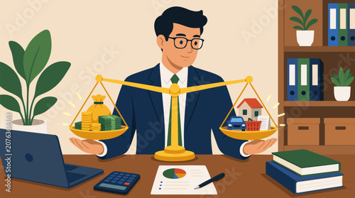 A meticulous accountant carefully balancing a glowing scale weighing income against expenses at a polished wooden desk, a clean flat vector illustration ideal for finance and business content on a lig