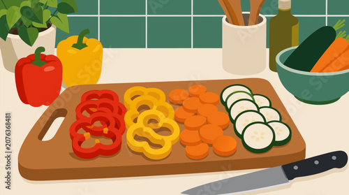 A colorful cutting board loaded with freshly sliced bell peppers, carrots, and zucchini ready for cooking in a bright kitchen setting, a clean flat vector illustration perfect for healthy food and coo