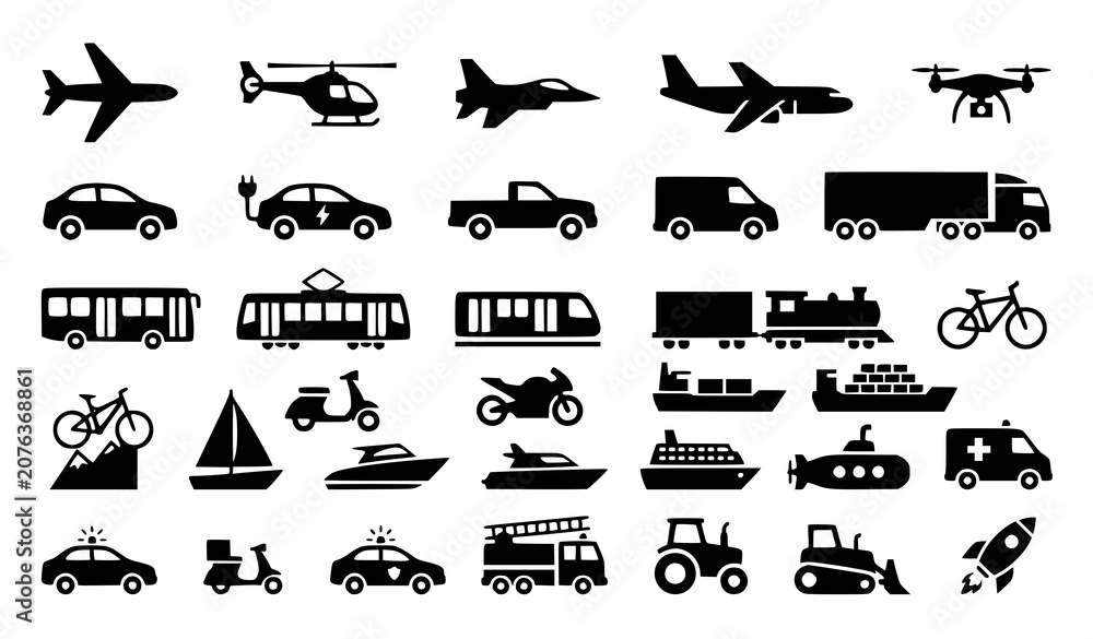 Fototapeta premium Professional Transportation Vehicle and Aviation Black Silhouette Icon Pack Vector