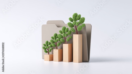 A folder containing financial data, with stylized trees growing from rising bars, symbolizing growth and financial prosperity.