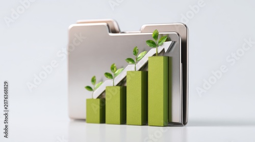 A financial chart showing upward growth with a green plant sprouting from each bar, symbolizing financial growth and investment