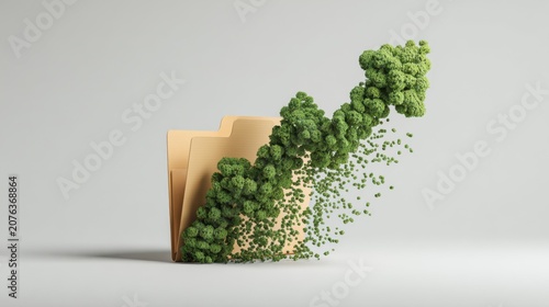 An upward trending arrow formed from green leaves and money, emerging from a folder, symbolizing financial growth and environmental progress