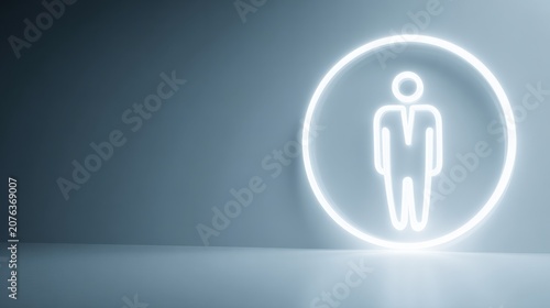 A minimalist illustration of a man in a suit icon within a neon circle on a gradient background