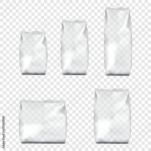 Clear plastic pouch, various sizes set. Realistic vector mockup. Blank empty poly bags. Square, tall rectangle. 3d mock-up. Transparent glossy polythene bag package. Template for design
