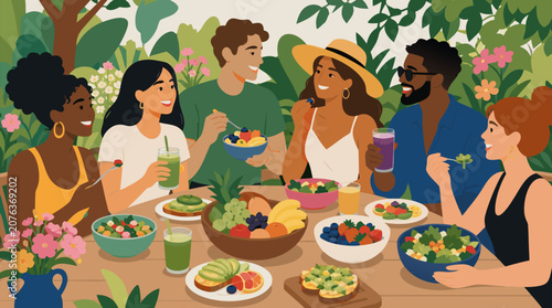 A diverse group of friends enjoying a healthy outdoor brunch together in a sunny garden, ideal for lifestyle, social gathering and wellness concepts in a clean flat vector illustration on a light back